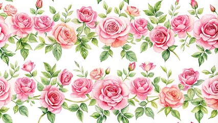 Decorative pink rose watercolor pattern in white background