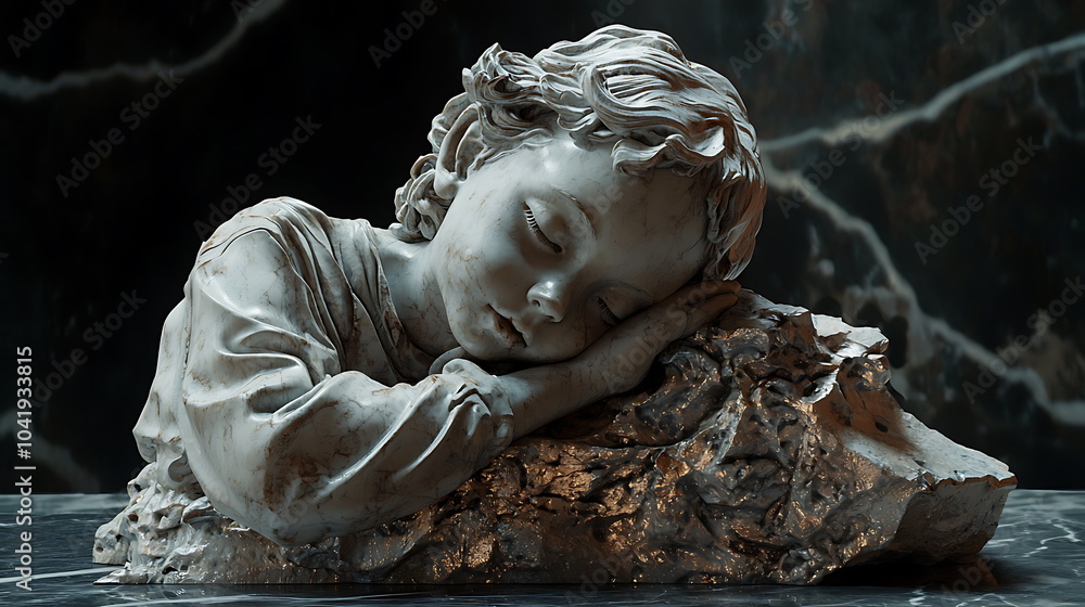 Poster intricate sleeping child sculpture resting gracefully on a textured surface capturing the essence of