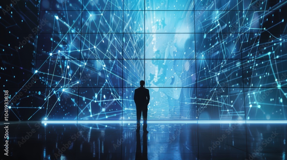 Aufkleber business leader in front of digital network display for modern technology and management concepts