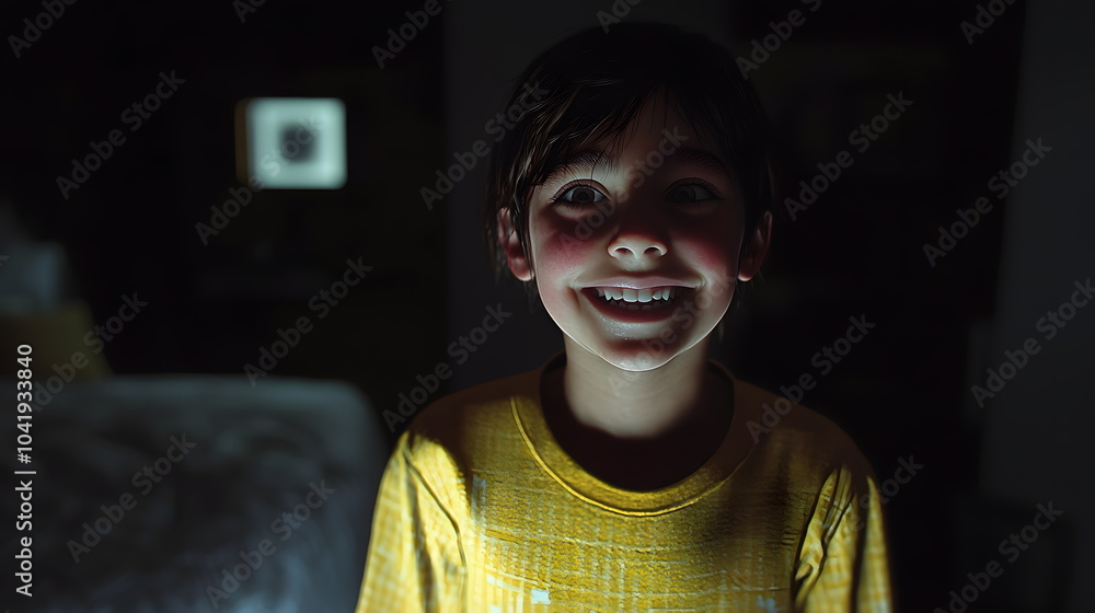 Poster joyful innocence a smiling child illuminated in a dimly lit room capturing pure happiness and wonder