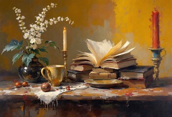 Still life painting of books, flowers, and candlelight.