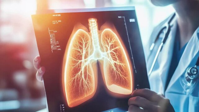 A healthcare pro reviews a lung scan, focusing on respiratory health and potential issues