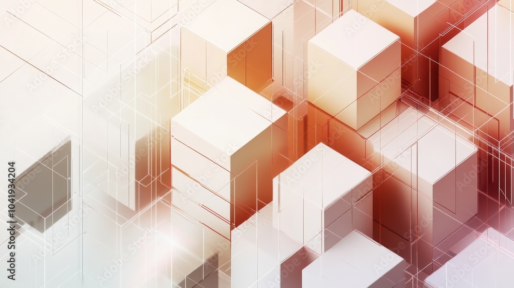 Poster multiple cubes in varying shades are interconnected with diagonal lines against a light background, 