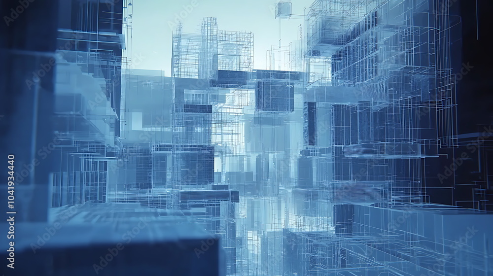 Leinwandbilder Exploring the depths of abstract digital architecture a journey through blue lines and complex structures in a virtual space
