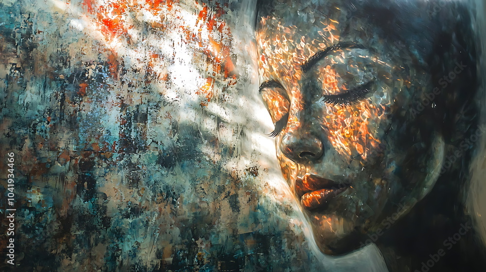 Aufkleber abstract mural art featuring a serene woman's face illuminated by light patterns evoking tranquility