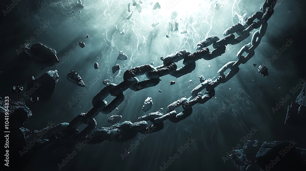 Poster mysterious submerged chains emerge from the depths illuminated by ethereal light highlighting the be
