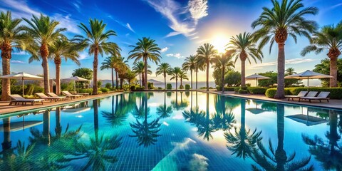 Obraz premium Luxury Hotel Pool with Palm Trees under Blue Sky - Summer Vacation Bliss