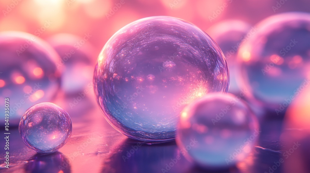 Poster bubbles of different sizes shimmer with hues of purple and pink, capturing light beautifully in a su