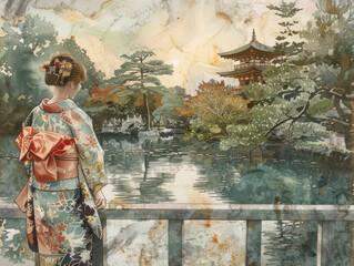Fototapeta premium A cultural portrait of a woman in traditional Japanese kimono, standing gracefully in a serene temple garden