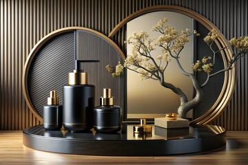 Luxury Minimalist Black Podium for Cosmetic Perfume Display in a Modern Room - Japanese and Chinese Style 3D
