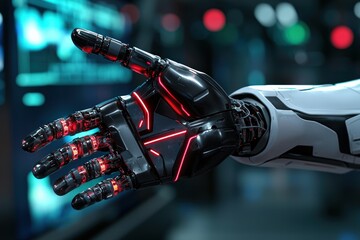 Fototapeta premium Futuristic Robotic Hand with Neon Highlights Showcasing Advanced Technology in Action