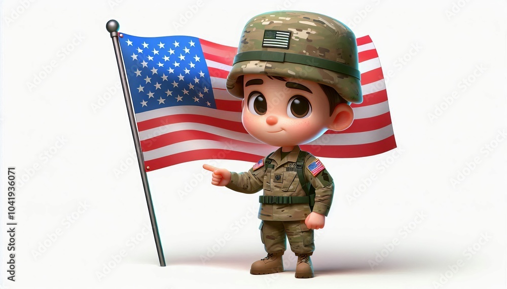 Wall mural 3d render of a boy wearing us army uniforms. there is an us flag behind it on a white background