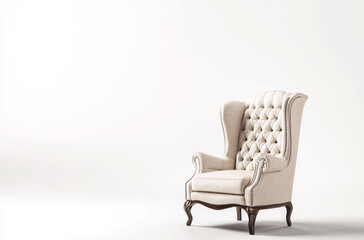 a classic wingback chair with high back and tufted fabric upholstery