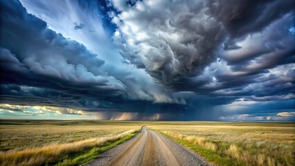 expansive plains beneath dramatic clouds with distant gravel path