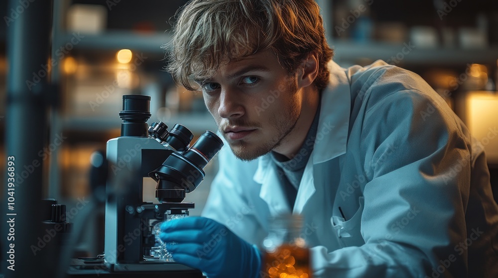 Poster scientist examining samples under a microscope in a lab setting.