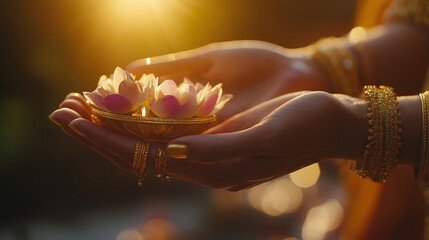 A hand wearing golden bangles offering flowers to Goddess Lakshmi