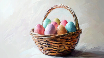 Wicker basket with pastel eggs, oil painting effect, against a blurred background.