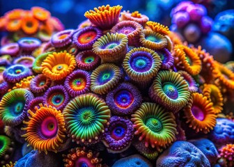 Macro Shot of Colorful Rainbow Zoanthid Coral in Vibrant Coral Reef Landscape Photography
