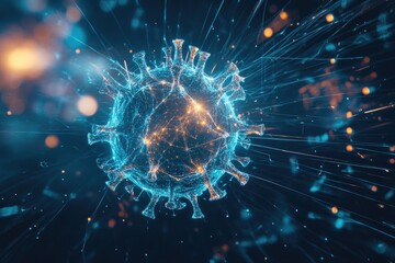 3D illustration of a virus with glowing particles on a dark background.