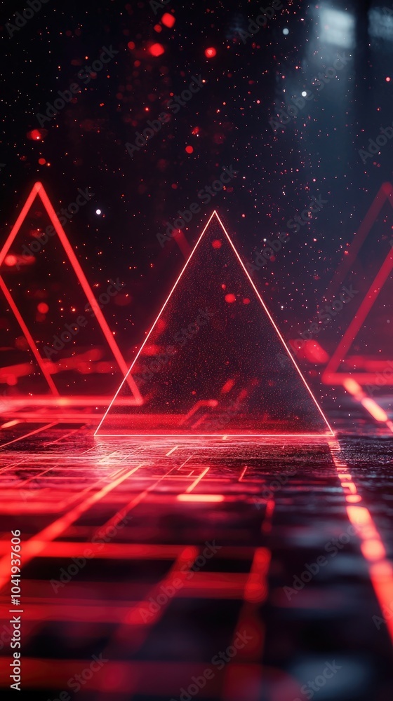 Poster a vibrant abstract composition featuring glowing red triangular shapes, perfect for technology and d