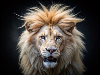 Fototapeta premium Majestic Albino Lion Head in Minimalist Style Against Dark Background for Stunning Wildlife Photography