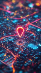 Digital map with vibrant location pin and urban layout, neon style.