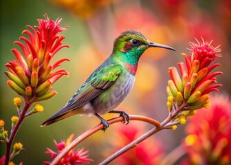 Fototapeta premium Majestic Annas Hummingbird on Flowering Kangaroo Paw Branch in Nature's Splendor