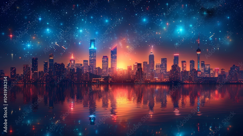 Wall mural Create a collection of neon skyline symbols, including shimmering cityscapes