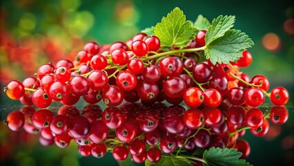 Fototapeta premium Reflected arrangement of ripe red currants on vibrant background