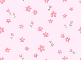 Seamless pattern with cherry blossom Sakura flower and heart shape flower on pink background vector.