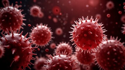Close-up 3D rendering of red virus particles with spikes against a dark background