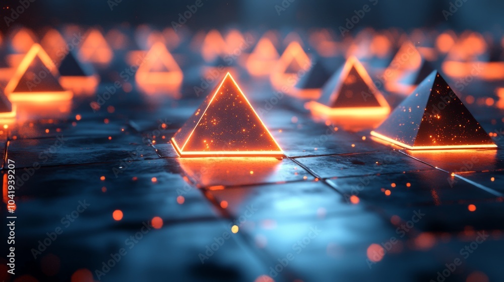 Poster In a futuristic environment, illuminated pyramids emit a bright orange glow on a dark, reflective surface, creating a captivating visual effect with floating sparks surrounding them.