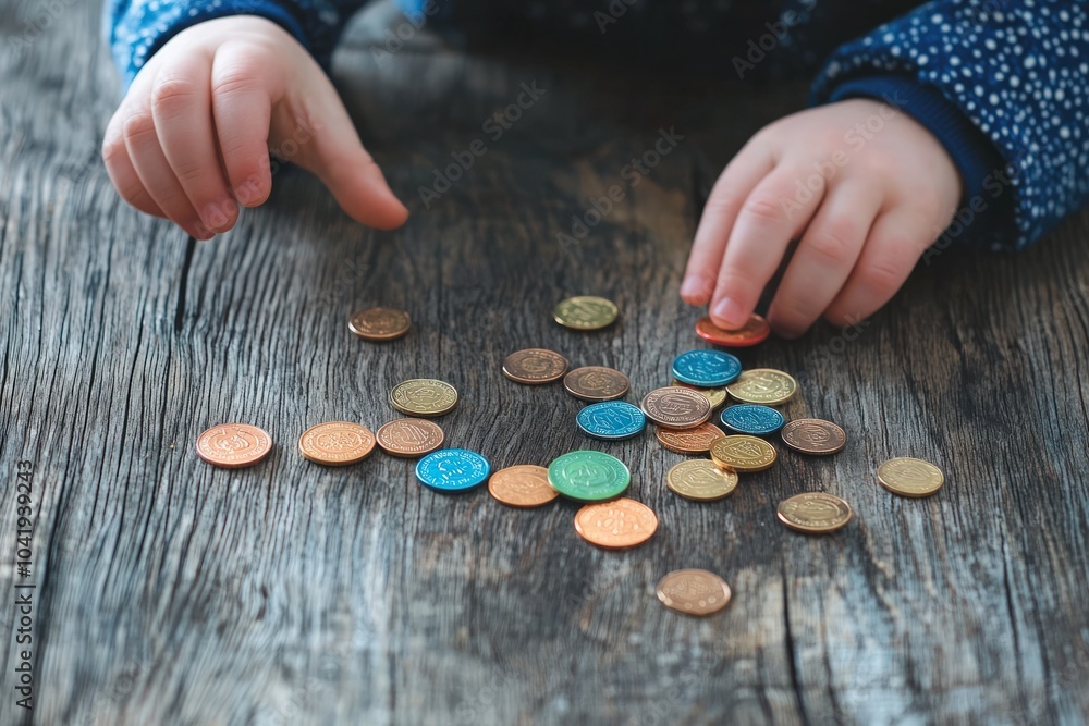 Poster exploring the joy of counting a child's interaction with colorful coins on rustic wood