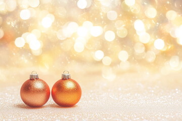 Christmas festive background for greeting card or invitation. Orange christmas tree balls with glitters at yellow and golden bokeh lights background. Copy space or frame for text, banner