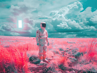 Fototapeta premium A futuristic infrared portrait with the subject standing in an open landscape, the environment altered with glowing, surreal colors