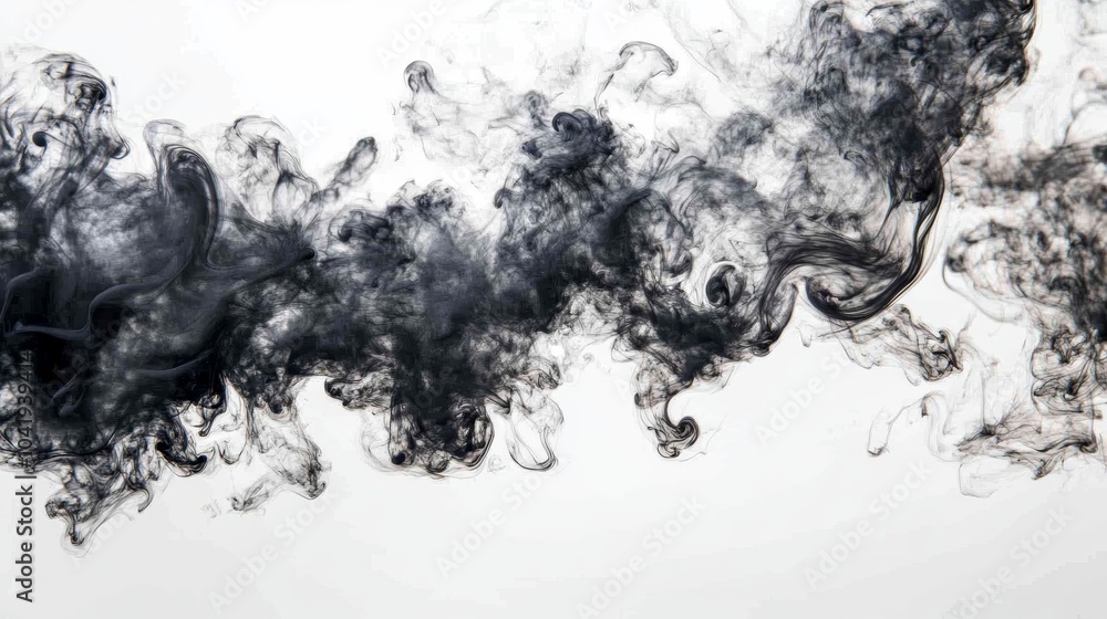 Poster a fluid, swirling pattern of dark smoke against a white background, creating an abstract and etherea