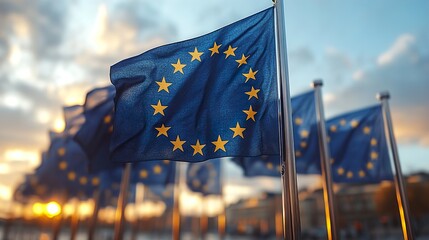 European Union Flags at Sunset: A Symbol of Unity