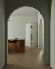 A modern minimalist kitchen with a sleek and elegant arrangement of a copper island