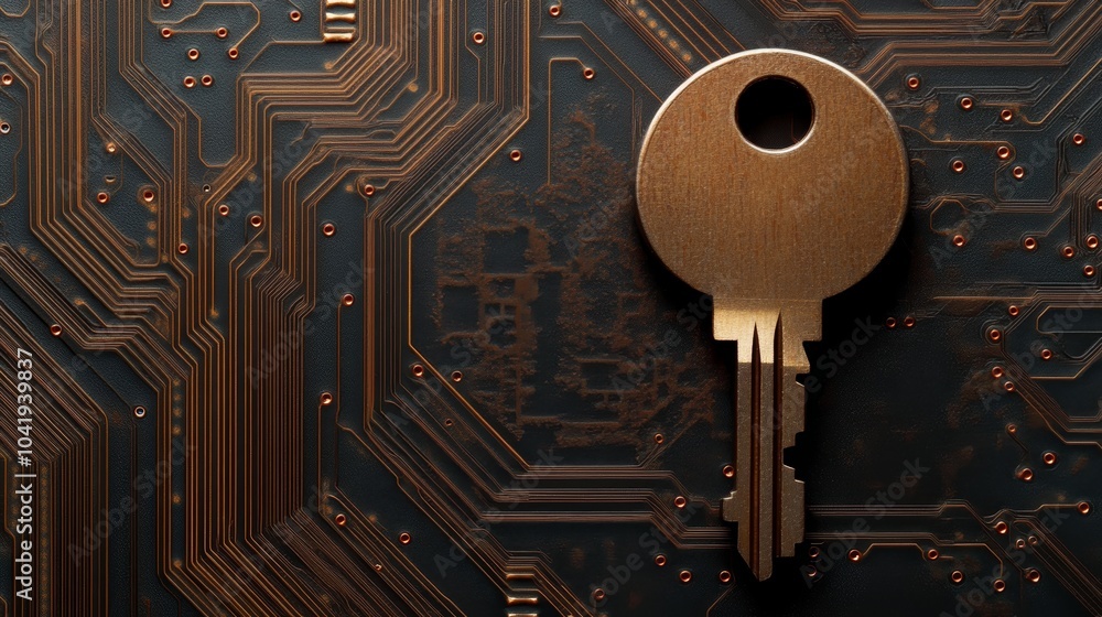 Poster a close-up of a metallic key positioned on a textured circuit board background, symbolizing security