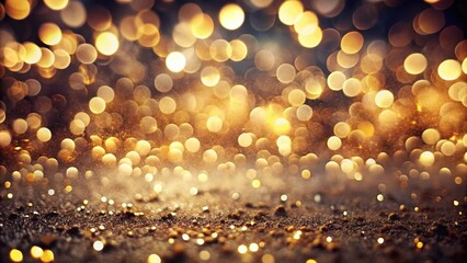 Defocused vintage lights background in light gold and black with glitter Macro