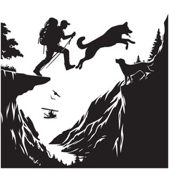 Fototapeta premium Hiker people joyfully jump from a cliff, framed by a stunning sunset, symbolizing exhilaration and the spirit of adventure.