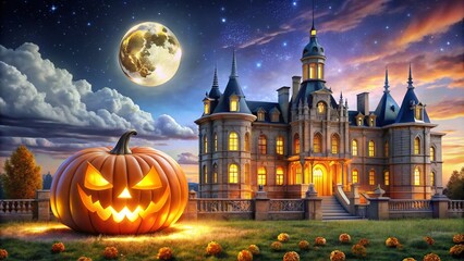 Majestic Moonlit Palace with Halloween Pumpkin Jack - Perfect for Festive Cards and Templates