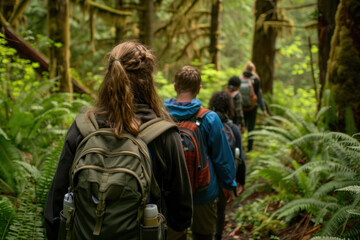 Fototapeta na wymiar A group of students hiking through a forest as part of an outdoor education program, learning about wildlife and conservation
