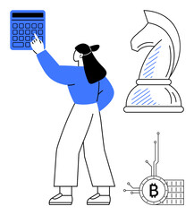 Woman pointing at a large calculator virtual interface knight chess piece representing strategy and a Bitcoin icon for cryptocurrency. Ideal for finance investment cryptocurrency strategic planning