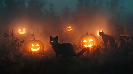 Spooky Halloween Scene with Cats and Jack-o'-Lanterns