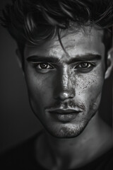 Obraz premium A high-contrast black-and-white headshot, capturing a serious and focused expression, with sharp lighting accentuating facial features
