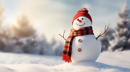 Fototapeta premium A happy snowman wearing a red hat and scarf