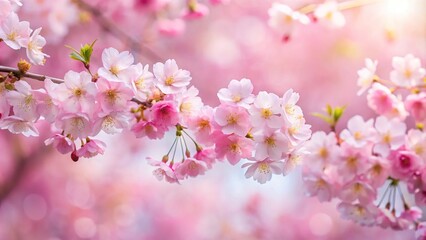 Delicate and dreamy pink cherry blossoms in full bloom on an asymmetrical branch