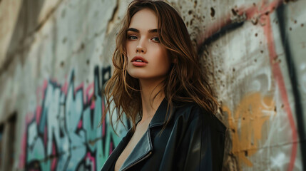 Fototapeta premium A high-fashion model portrait in an urban environment, the model standing confidently against a backdrop of graffiti and concrete