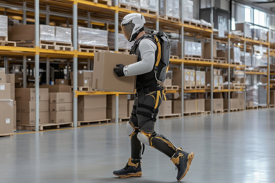 In a high-tech futuristic warehouse, a worker wearing an advanced full-body powered exoskeleton effortlessly walks while carrying a heavy cardboard box, showcasing how the delivery